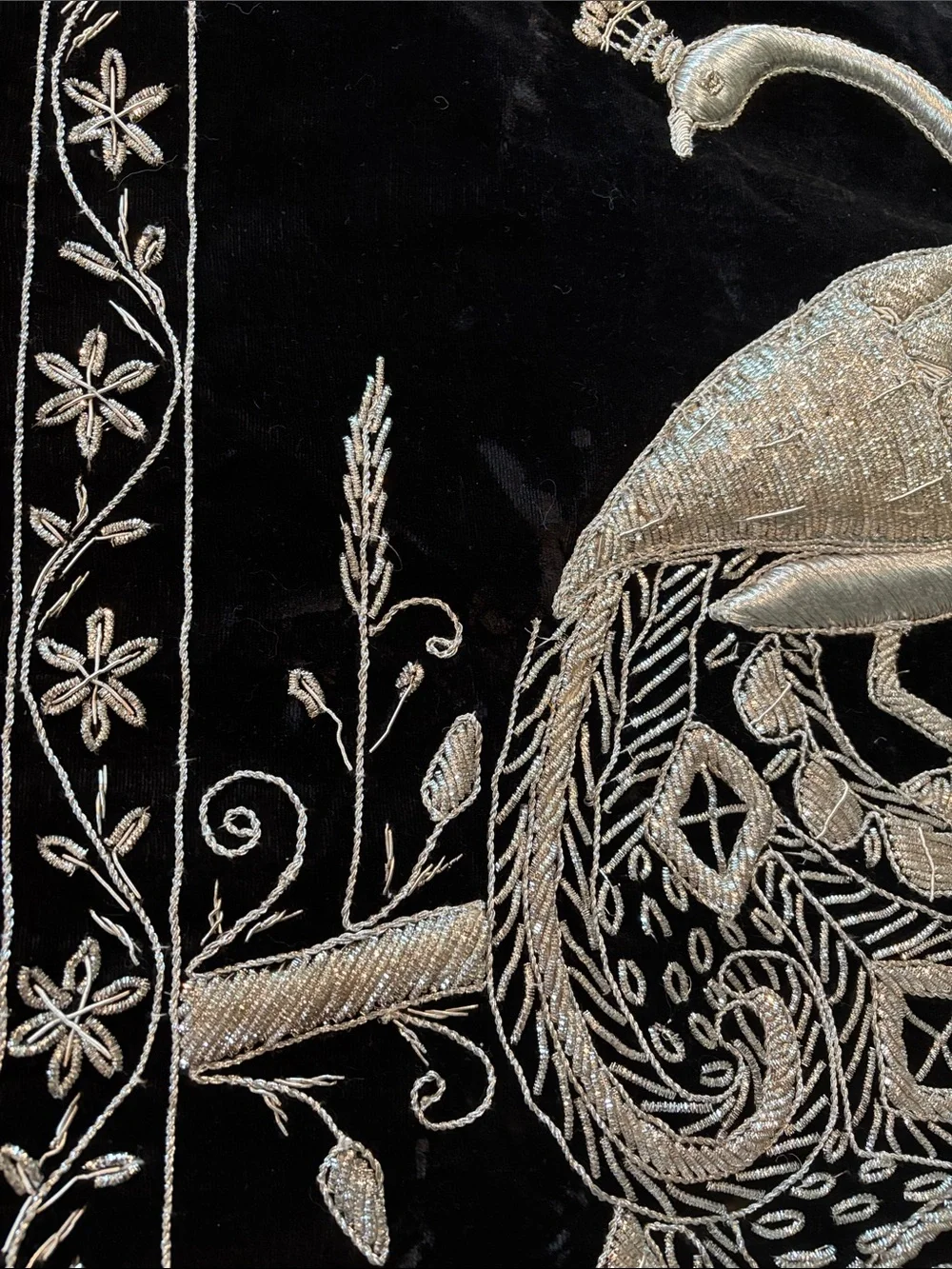 Embroidered Peacock Wall Hanging in Silver on Black